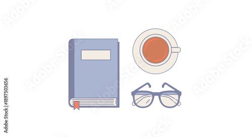 A blue book with a red bookmark, a cup of coffee, and a pair of glasses on a white background.