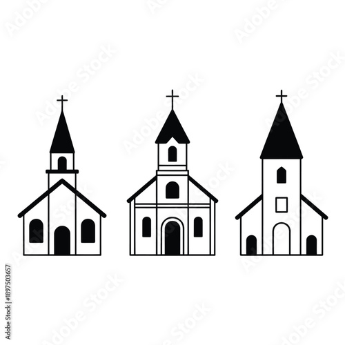 Wallpaper Mural Simple black and white illustration of three distinct church building designs Torontodigital.ca