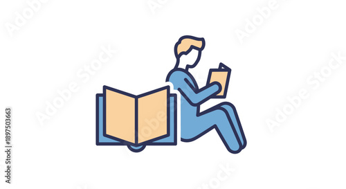 Man sitting and reading a book with a notebook.