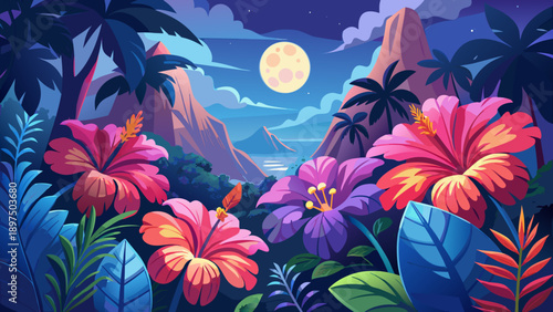 Very beautiful vibrant hibiscus flowers bloom under a full moon within a misty mountain forest, combining tropical color, night atmosphere, and dramatic natural scenery.