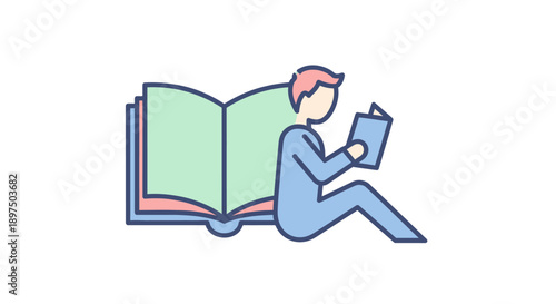 Man sitting on a giant book reading a smaller one.