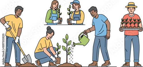 People Planting Tree and Gardening Together Community Volunteering Outdoor Activity Isolated on White Background Vector
