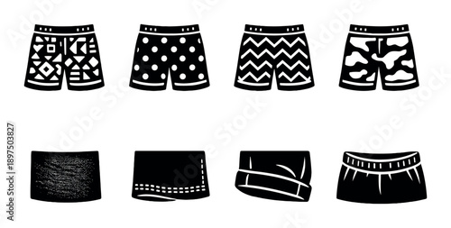 Variety of stylish men's swim trunks with patterns and designs on display