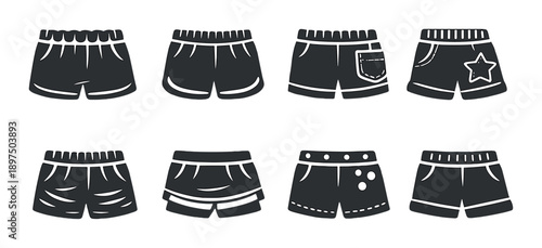 Collection of eight stylish black and white summer shorts icons