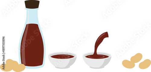 Peanut Sauce Bottle with Bowl Pouring Sauce and Peanuts Set Isolated on White Background Flat Vector Illustration