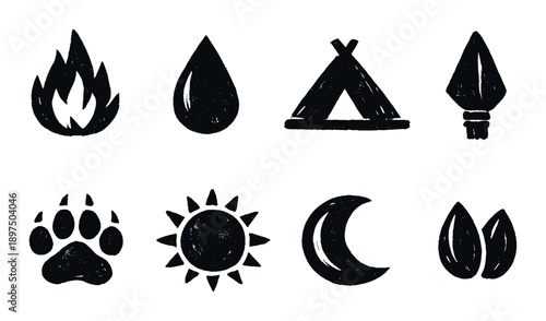 Primitive survival icons: fire, water, tent, spear, paw, sun, moon, leaves