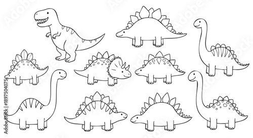 Collection of cute cartoon dinosaur characters in various playful poses