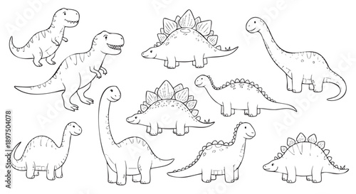 Collection of cute hand drawn cartoon dinosaurs isolated on transparent background