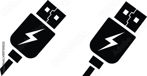 Black Silhouette Illustration of USB Charging Cables Featuring Lightning Bolt Symbols Indicating Power Delivery for Electronic and Mobile Devices