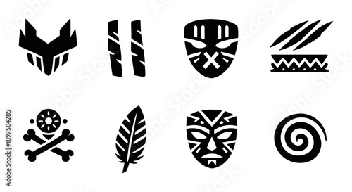 Set of tribal mask icons on dark background