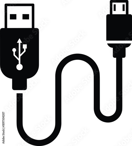 Black and White Illustration of USB Cable with Type-A and Micro-USB Connectors Curved in S-Shape for Charging and Data Transfer