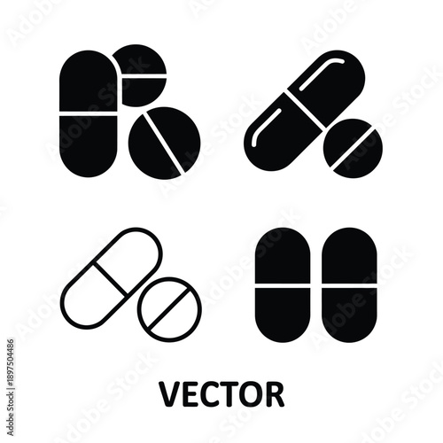 Black capsule and pill icons in various orientations and styles