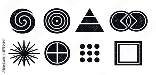 Set of eight geometric patterns on dark background