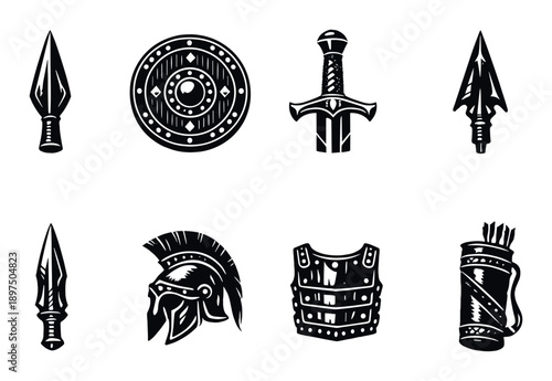 Vintage medieval weaponry and armor icons set on dark background