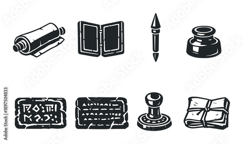 Set of vintage writing tools and ancient documents icons on gray background