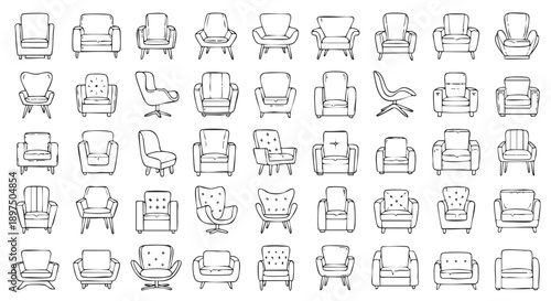 Collection of various armchair and chair designs isolated on transparent background