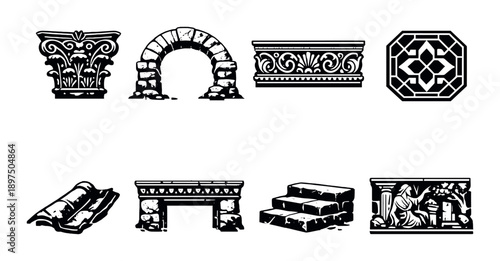 Collection of ancient architectural elements in black and white