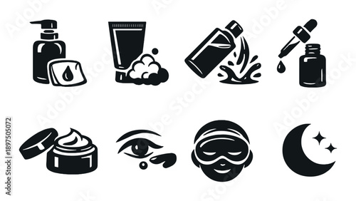 Set of skincare icons featuring lotion, cream, eyedropper, face mask, and moon symbols