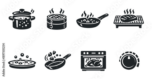 Monochrome kitchen icons: cooking, baking, and grilling symbols set