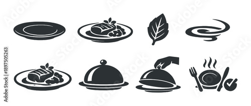 Black food icons on gray background featuring plates, leaf, and covered dish