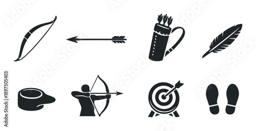 Archery icons set: bow, arrow, quiver, target, archer, footprints, feather, finger tab