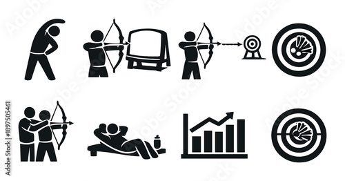 Archery sequence: target practice and relaxation symbols in monochrome design
