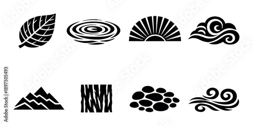Minimalist nature icons: leaf, ripple, sunrise, cloud, mountain, wood, pebbles, wind