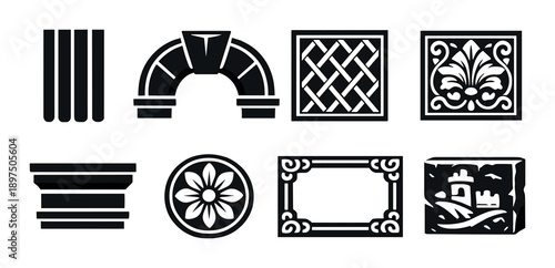 Set of eight decorative black and white architectural elements