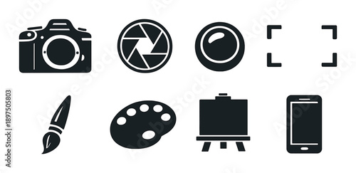 Photography and art icons: camera, lens, brush, palette, easel, smartphone