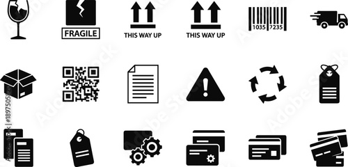 Black and White Icon Set of Packaging, Shipping, and Digital Transaction Symbols Including Fragile, Barcode, QR, Tags, and Documents