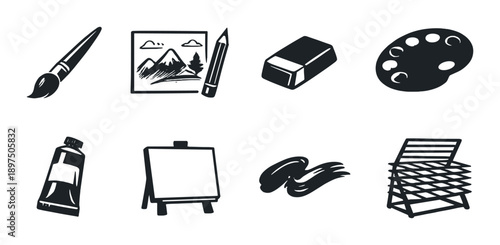Art tools icons: paintbrush, palette, easel, tube, canvas, pencil, eraser
