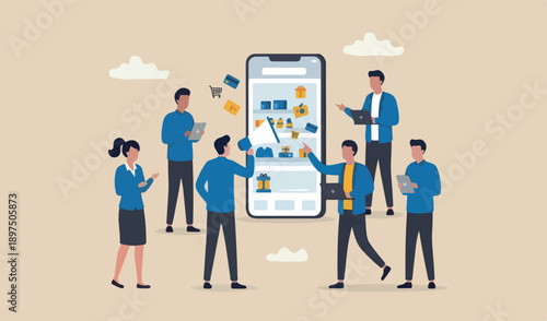 Online shop or e-commerce store small business entrepreneur shopkeeper, mobile website app purchasing product, retail digital shelf concept, young shopkeeper with online mobile store