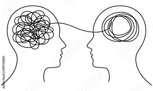 Two faces in profile with tangled lines representing thoughts and connection