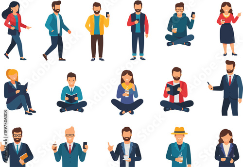 Diverse Casual People Character Collection Featuring Men and Women Sitting Drinking Coffee Reading and Using Smartphones for Modern Lifestyle 