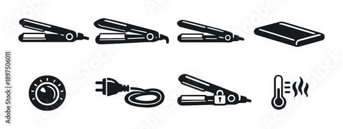 Flat iron icons: hair styling tools and controls in black and white design