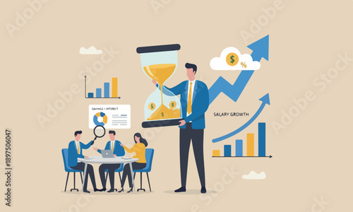  Time is money rocke from savings, salary growth or wage increase concept, businessman hand holding hourglass with sand falling to money