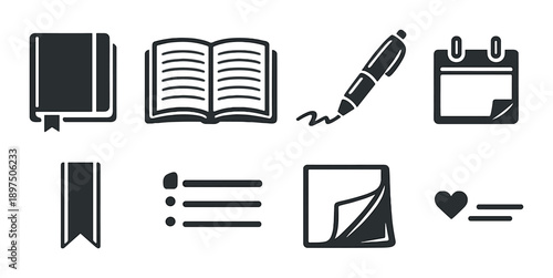 Minimalist icon set featuring book, pen, calendar, and bookmark designs