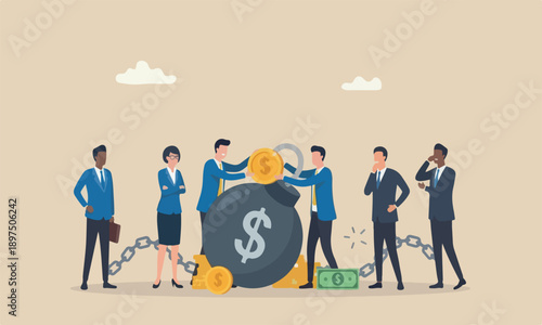 Pay off debt debtor, money decision, liability relief, deficit or borrowing due, indebted concept, businessman hand put dollar coin money into debt bomb.