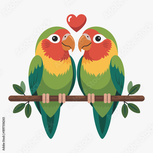 Two vibrant, colorful lovebirds perch affectionately together on a sturdy tree branch, with a small heart floating above them, perfectly embodying the essence of romantic love and companionship.