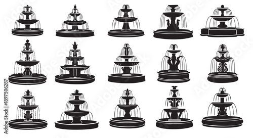 Majestic Fountain Collection: A series of elegant fountains, each displaying unique tiered designs, suggesting both the grandeur of classical architecture and the tranquility of water features.
