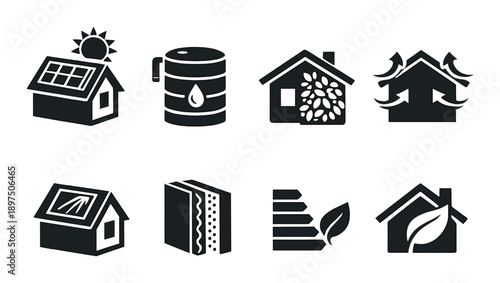 Eco-friendly home icons featuring solar, water, and insulation solutions