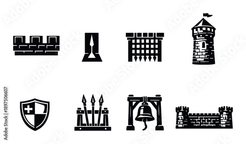 Medieval fortress icons set including tower, shield, and weapons