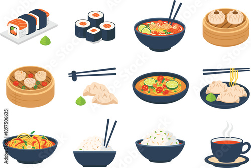 Delicious Asian food vector set featuring sushi rolls ramen noodles dim sum dumplings and rice for restaurant menu designs.