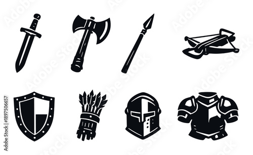 Medieval weaponry and armor silhouettes: sword, axe, spear, crossbow, shield, arrow, helmet, armor