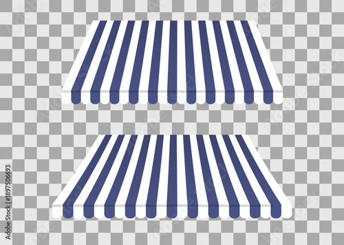 Striped awning realistic mockup with fabric texture and soft shadows. Realistic vector tents. Classic tent roof template, suitable for storefronts, cafes, kiosks, and facade design presentations.