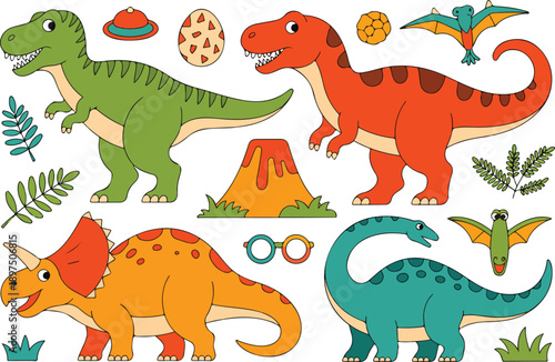 Cartoon dinosaur stickers collection featuring green tyrannosaurus orange triceratops and blue brachiosaurus