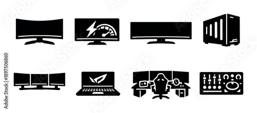 Minimalist icons of computer monitors, laptop, and gaming setup on gray background