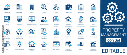 Property Management and Real Estate solid icon set. Includes symbols for Tenant Screening, Smart Home, Property Optimization, and Listing. Solid vector icons for rent and lease.