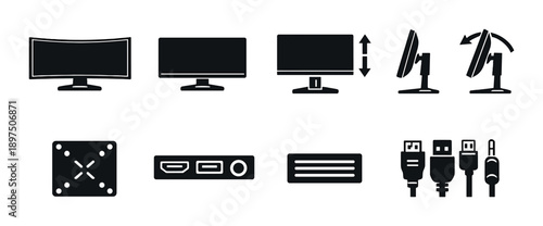 Black and white icons of computer monitors and connectivity ports