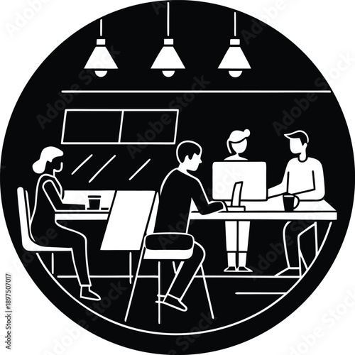 People working and relaxing in a cafe and bar silhouette illustration